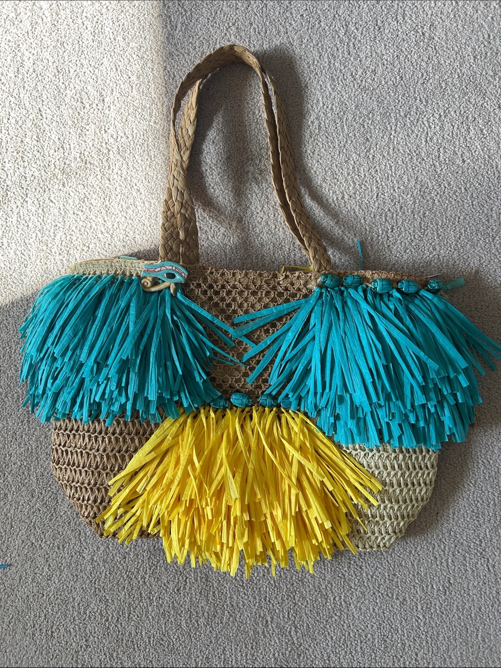 Handwoven Straw Tote with Turquoise & Yellow Fringe Accents